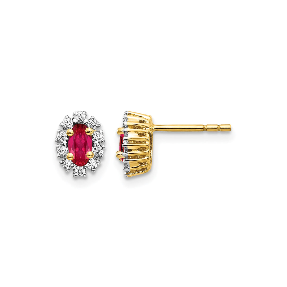 14k Yellow Gold Ruby Stud Earrings with Diamond Halo, Floral Cluster Design for Women