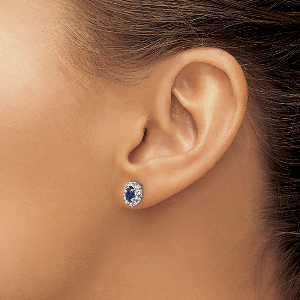 10k White Gold Oval Stud Earrings with Sapphire Center and Diamond Halo