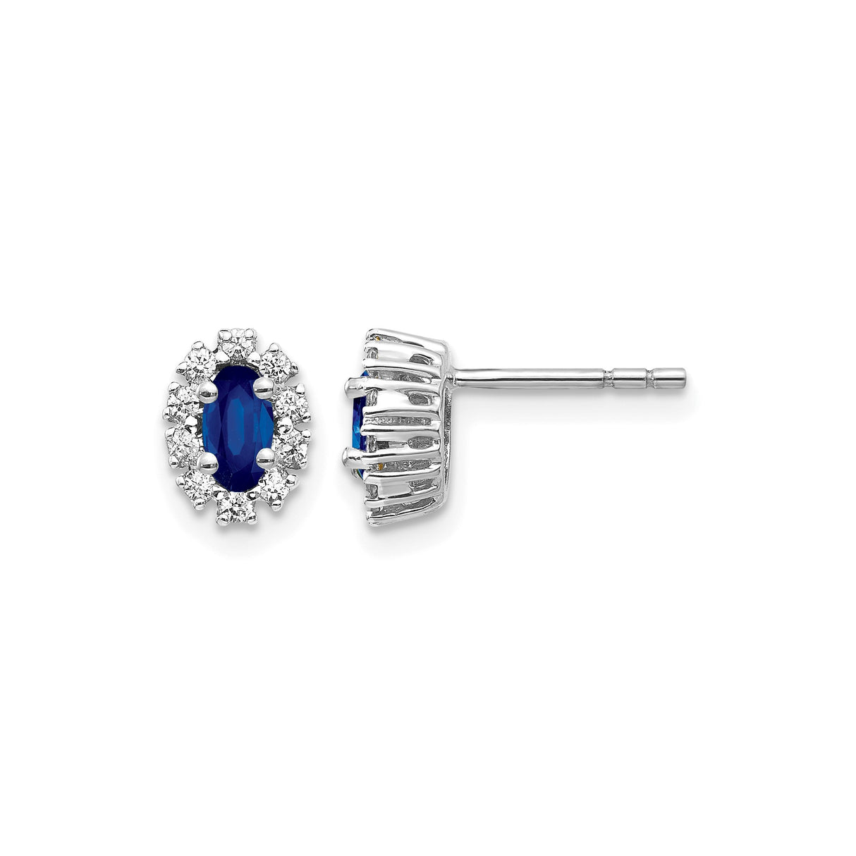 14k White Gold Stud Earrings with Blue Sapphire and Diamond Halo Floral Design