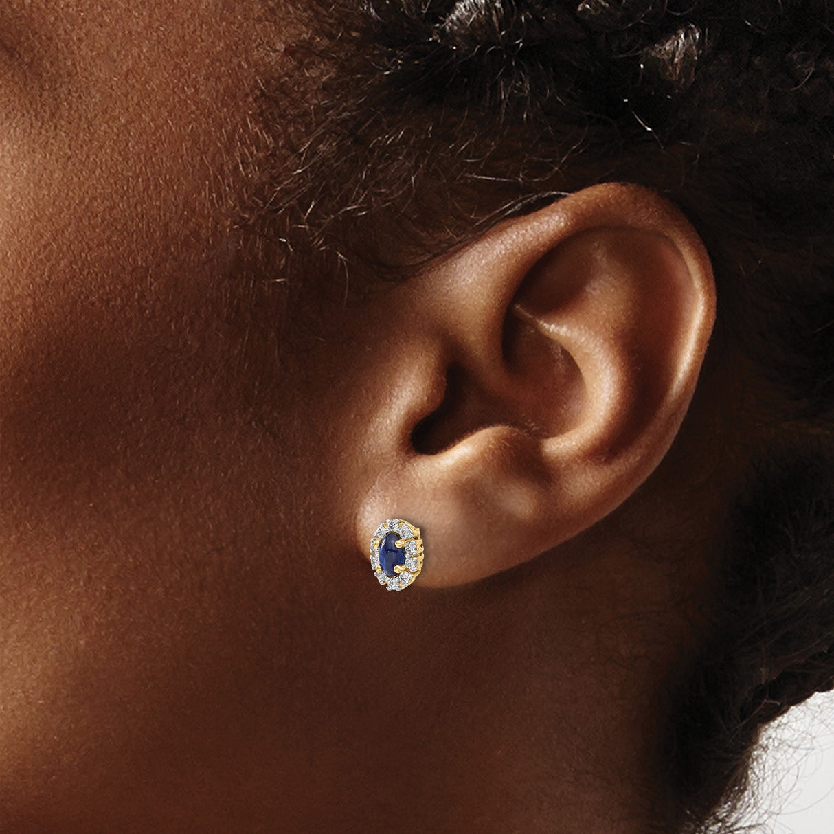 14k Yellow Gold Stud Earrings with Oval Sapphire and Diamond Accents, Halo Vintage Style