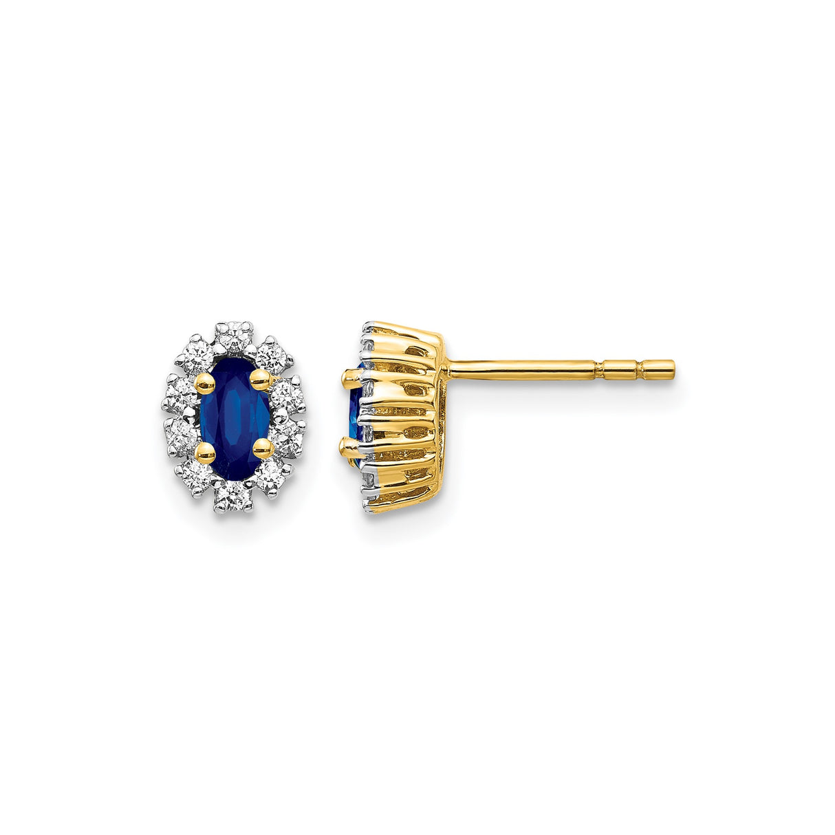 14k Yellow Gold Stud Earrings with Oval Sapphire and Diamond Accents, Halo Vintage Style