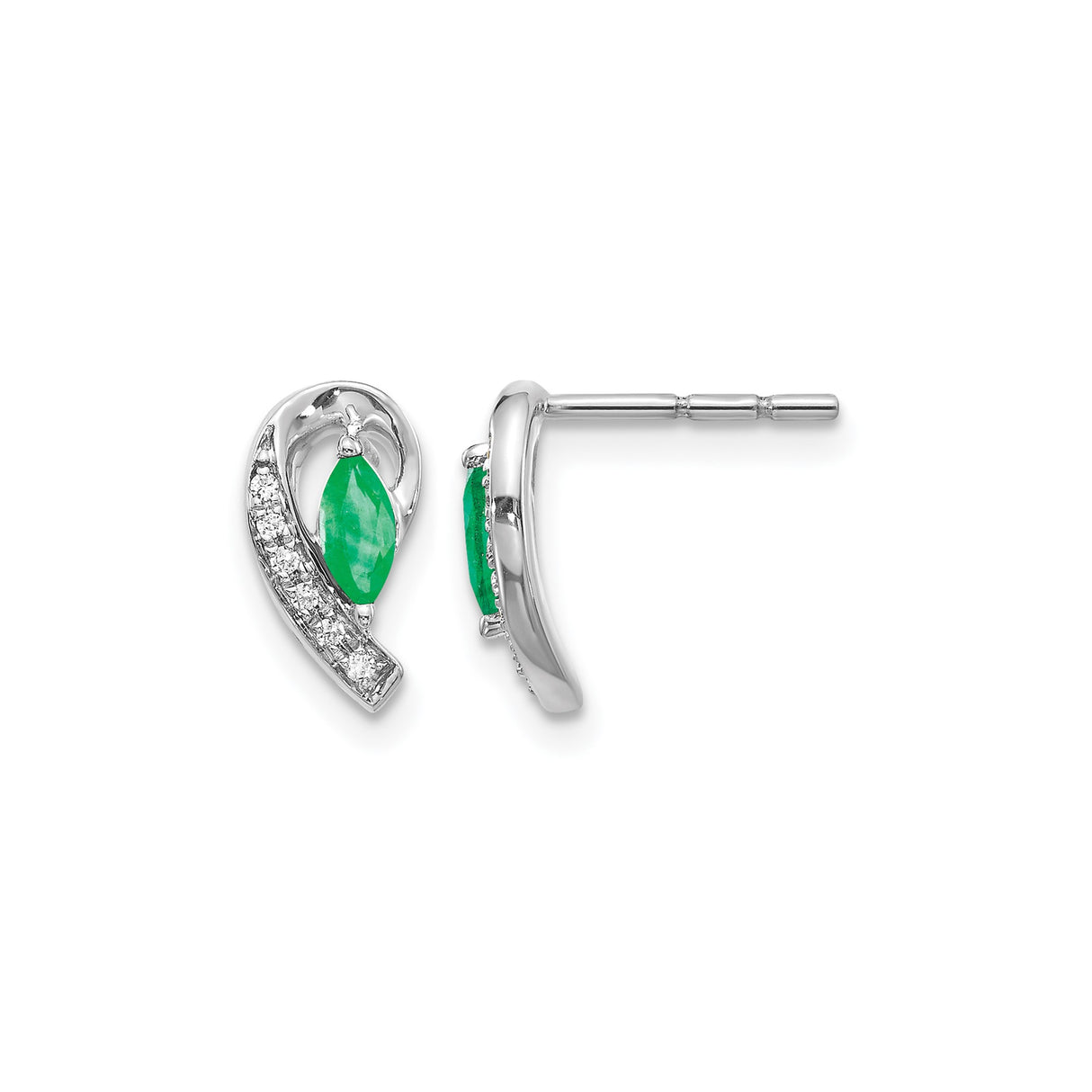 10k White Gold Stud Earrings with Marquise Cut Emerald and Diamond Accents, Ribbon Design