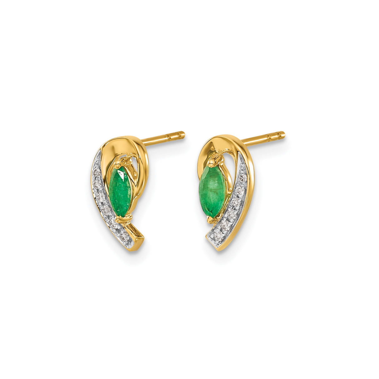 10k Yellow Gold Stud Earrings with Marquise Cut Emerald and Diamond Accents, Ribbon Swirl Design