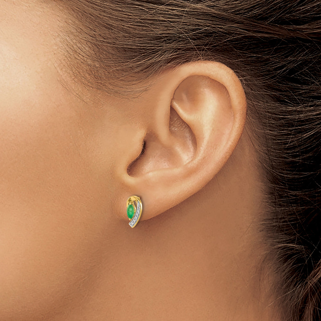 10k Yellow Gold Stud Earrings with Marquise Cut Emerald and Diamond Accents, Ribbon Swirl Design