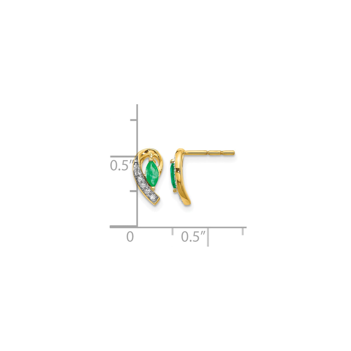 10k Yellow Gold Stud Earrings with Marquise Cut Emerald and Diamond Accents, Ribbon Swirl Design