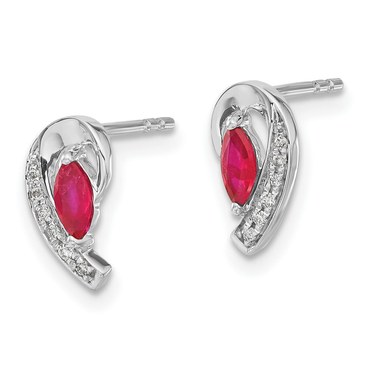 10k White Gold Stud Earrings with Marquise Ruby and Curved Diamond Accents, Abstract Design