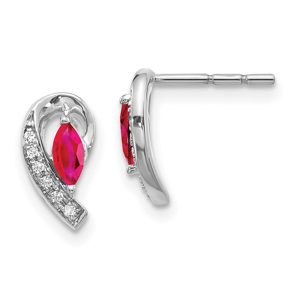 10k White Gold Stud Earrings with Marquise Ruby and Curved Diamond Accents, Abstract Design
