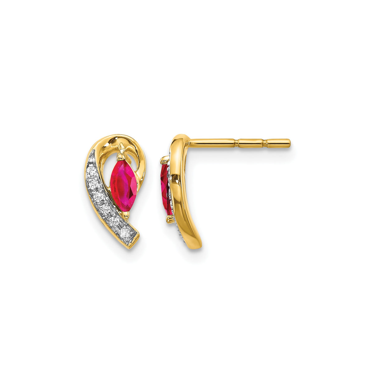 10k Yellow Gold Ruby Stud Earrings with Diamond Accents, Swirl Design for Women