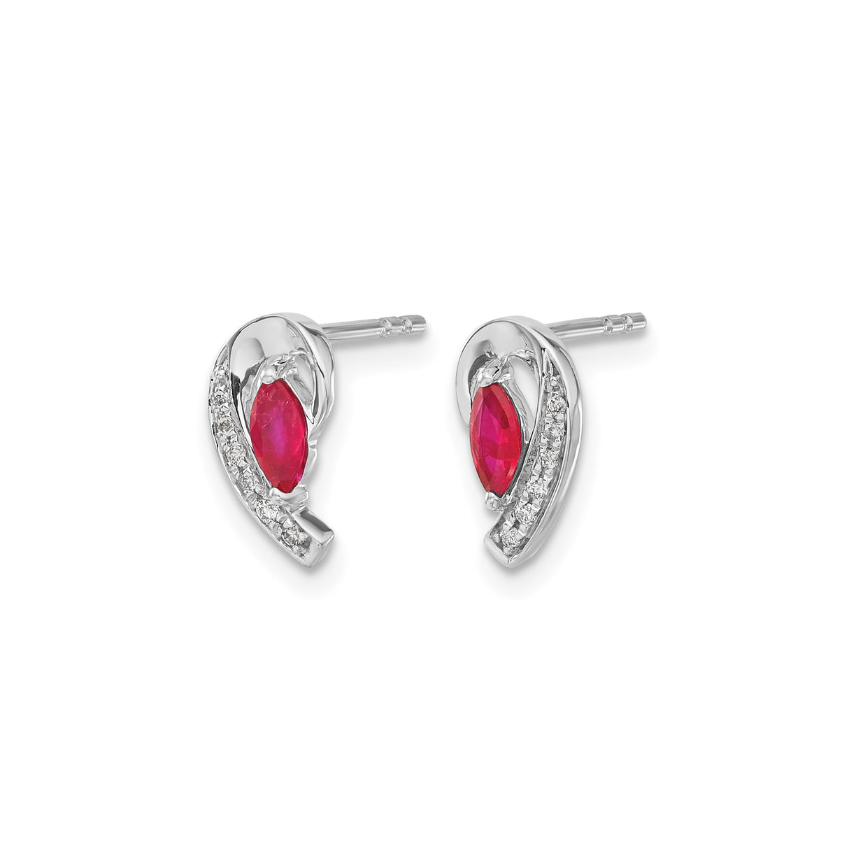 14k White Gold Stud Earrings with Marquise Ruby and Diamond Accents, Wave Design