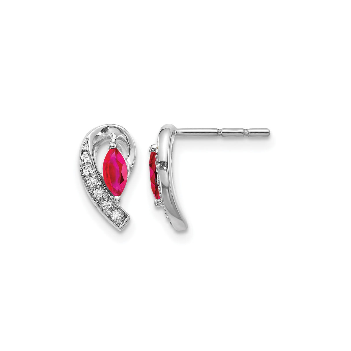 14k White Gold Stud Earrings with Marquise Ruby and Diamond Accents, Wave Design