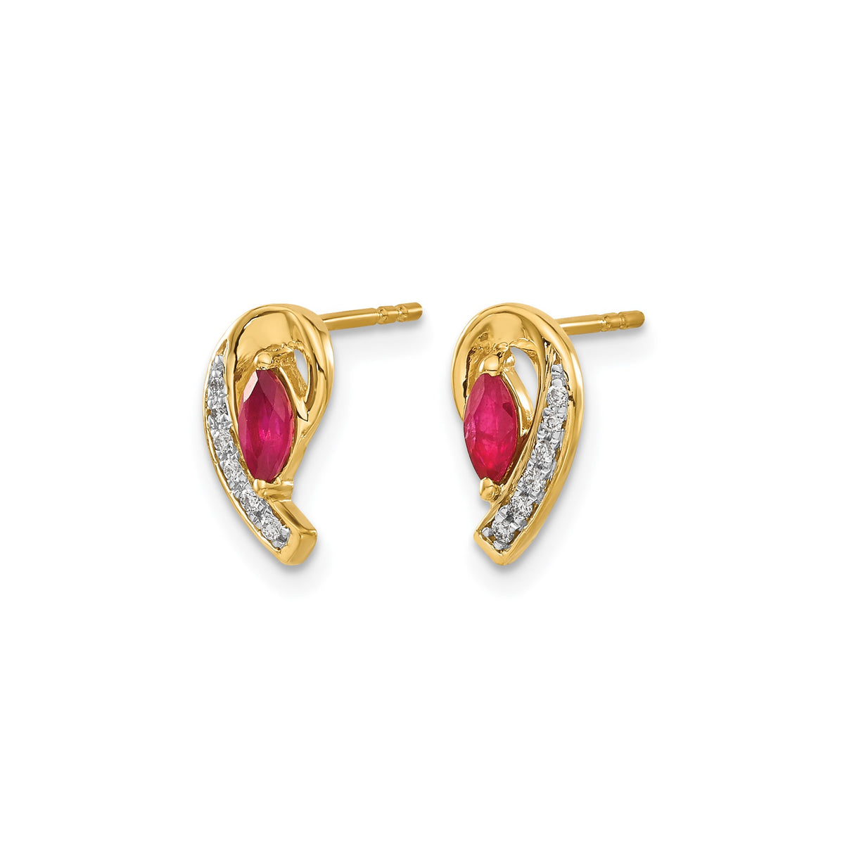 14k Yellow Gold Stud Earrings with Ruby and Diamond, Marquise and Curved Swoop Design
