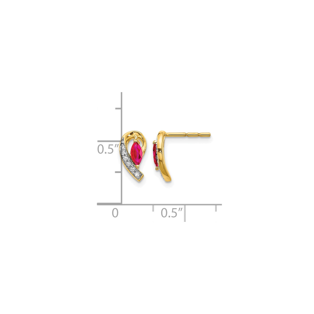 14k Yellow Gold Stud Earrings with Ruby and Diamond, Marquise and Curved Swoop Design