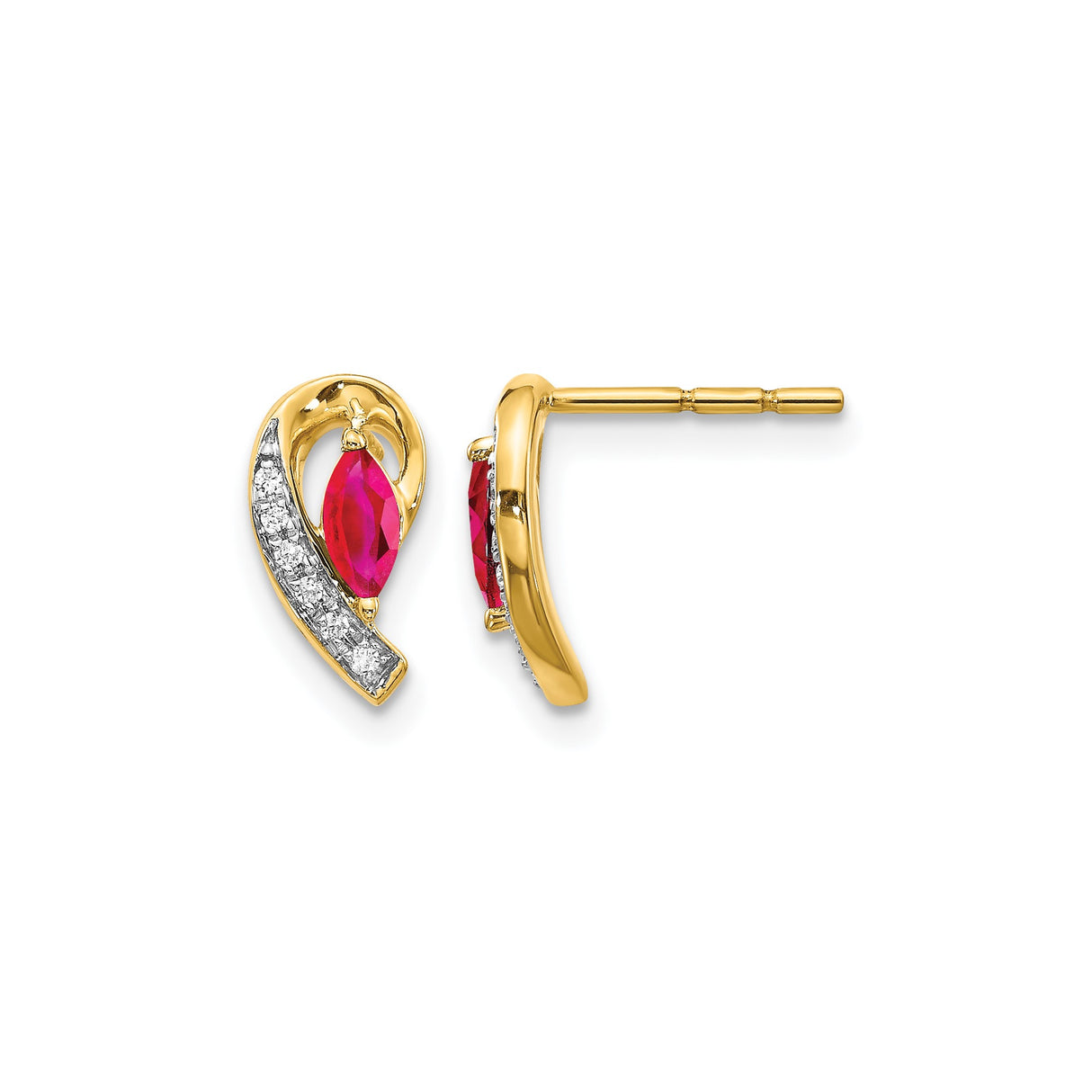 14k Yellow Gold Stud Earrings with Ruby and Diamond, Marquise and Curved Swoop Design