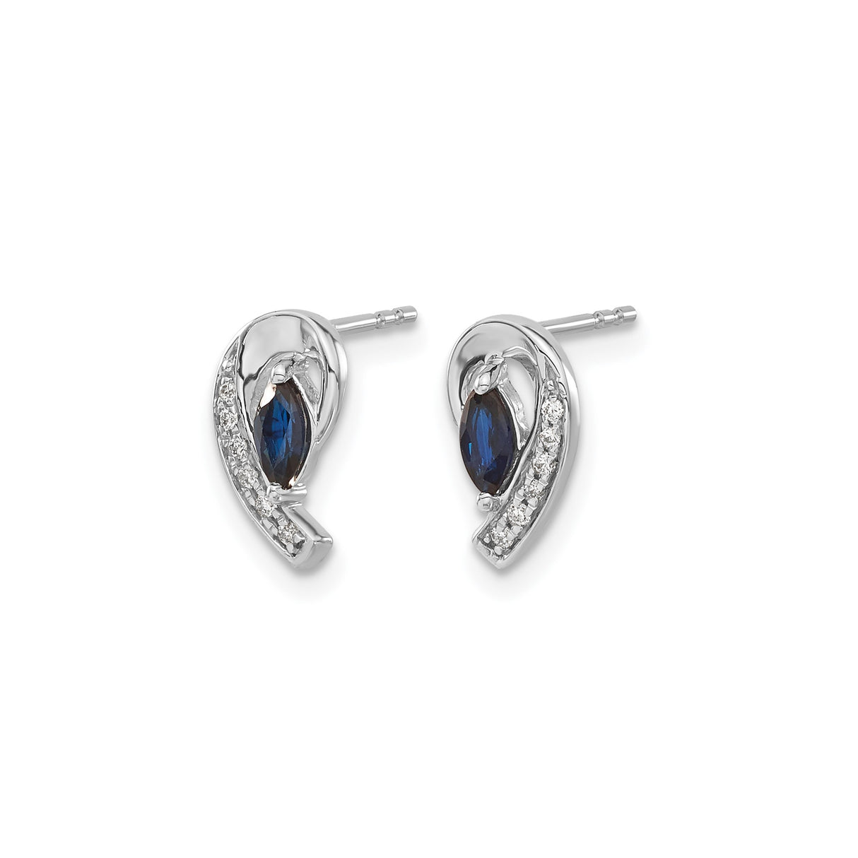 10k White Gold Stud Earrings with Marquise Cut Sapphire and Diamond Accents, Curved Design