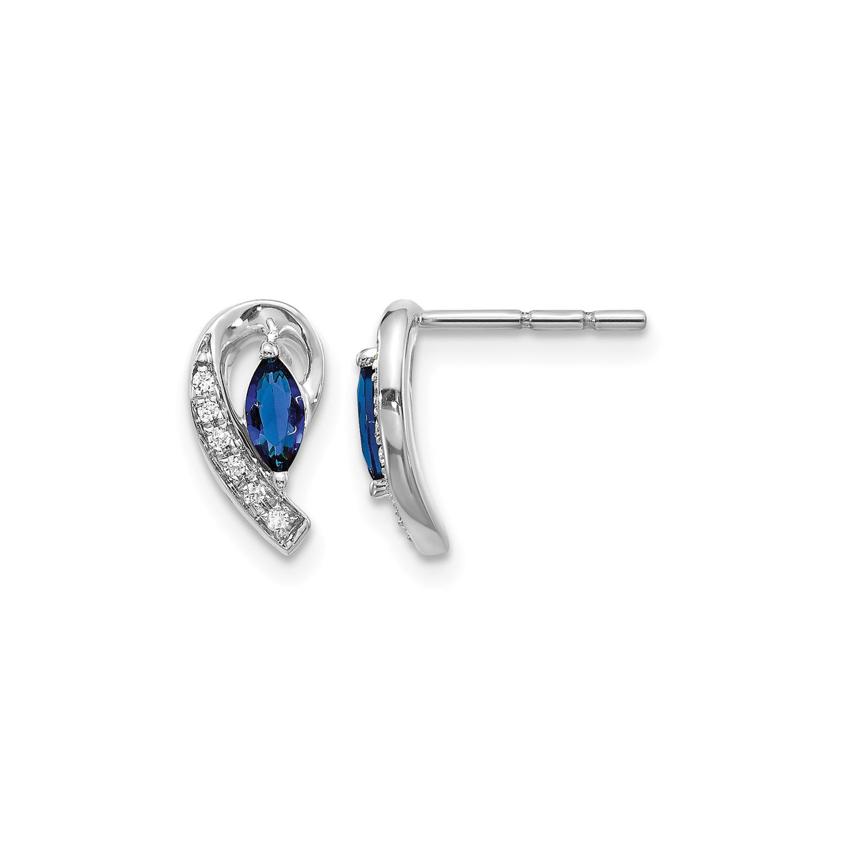 10k White Gold Stud Earrings with Marquise Cut Sapphire and Diamond Accents, Curved Design