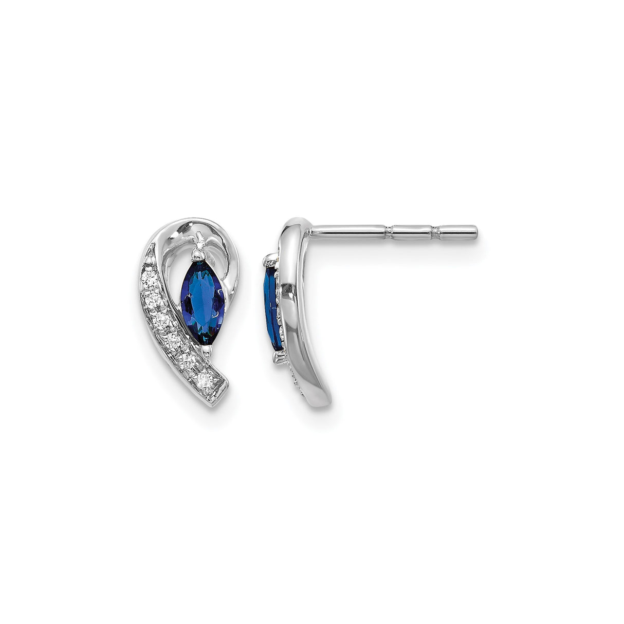 14k White Gold Stud Earrings with Marquise Cut Sapphire and Diamond Accent
