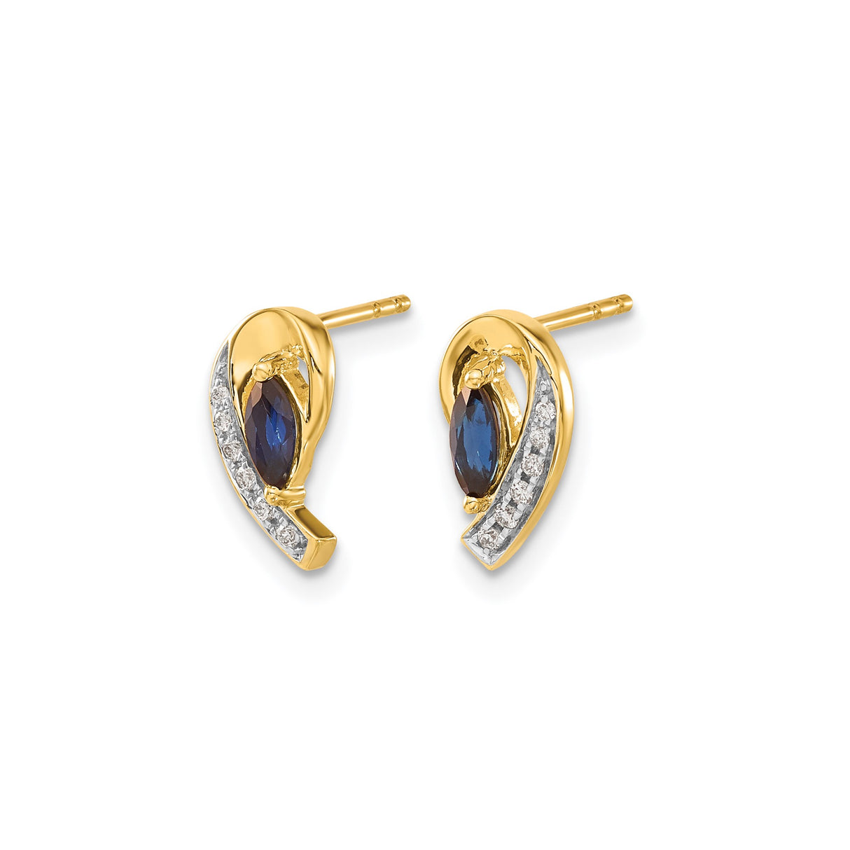 14k Yellow Gold Stud Earrings with Marquise Cut Sapphire and Diamond Accents, Swirl Design