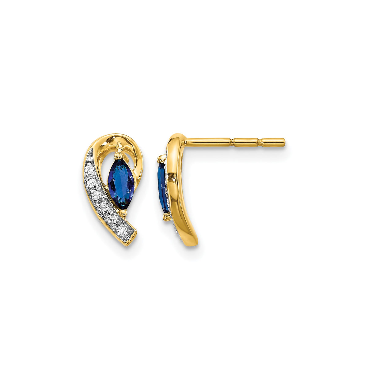 14k Yellow Gold Stud Earrings with Marquise Cut Sapphire and Diamond Accents, Swirl Design