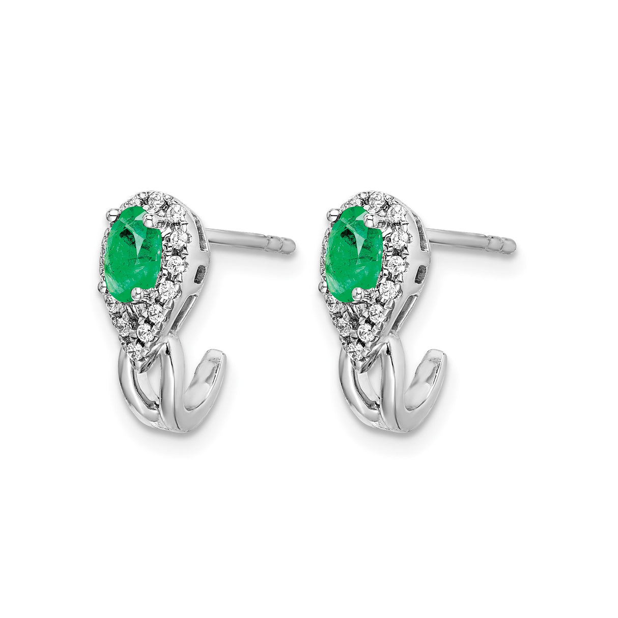 14k White Gold Teardrop Earrings with Oval Emerald and Diamond Halo Dangle Design