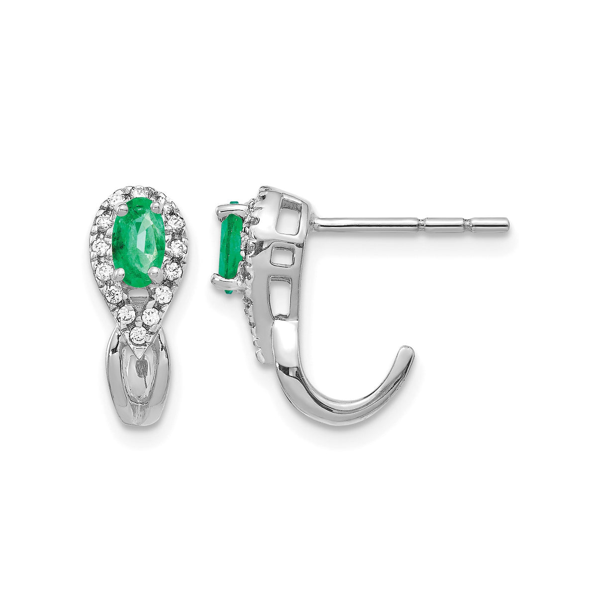 14k White Gold Teardrop Earrings with Oval Emerald and Diamond Halo Dangle Design