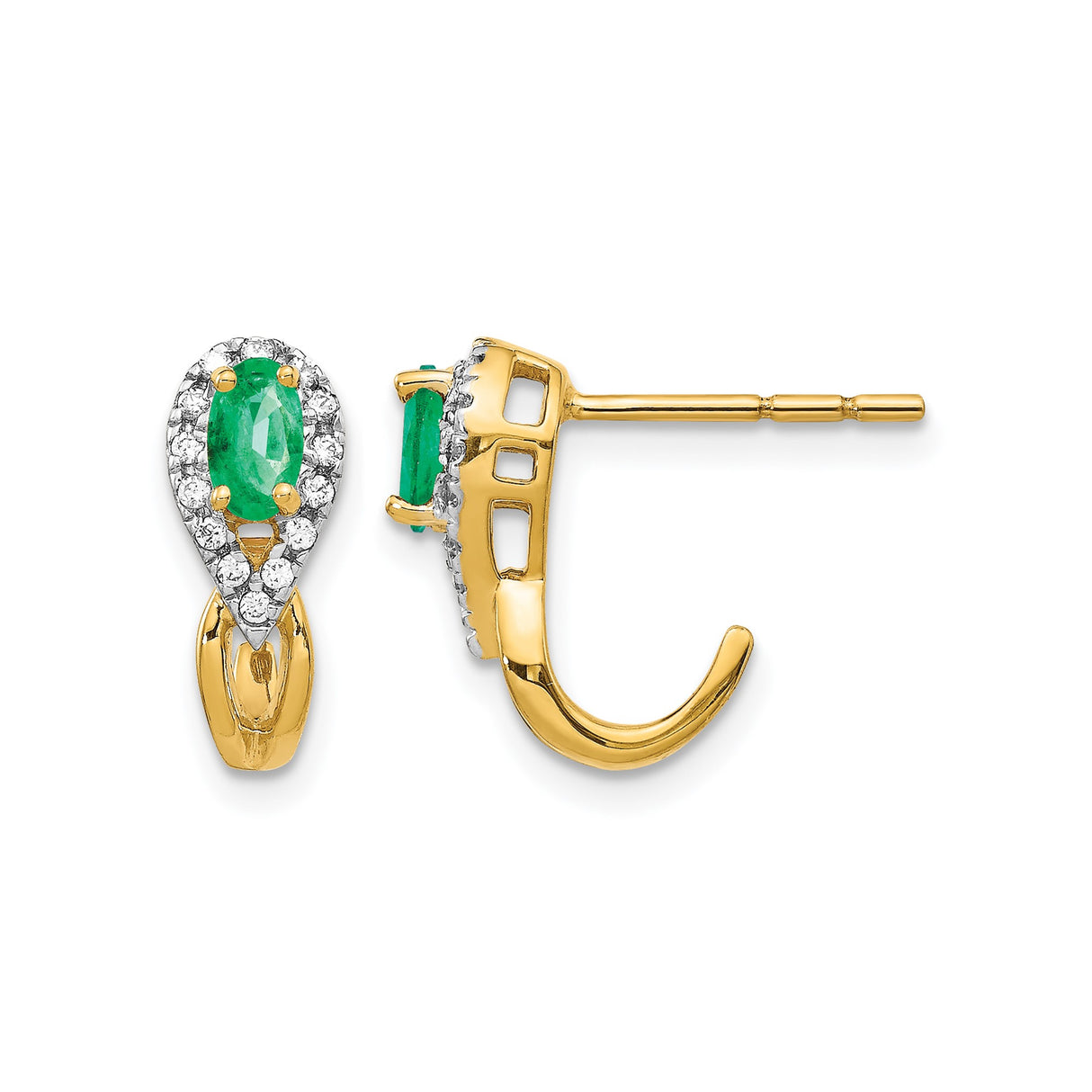 14k Yellow Gold Stud Earrings with Pear Shaped Emerald and Diamond Accents
