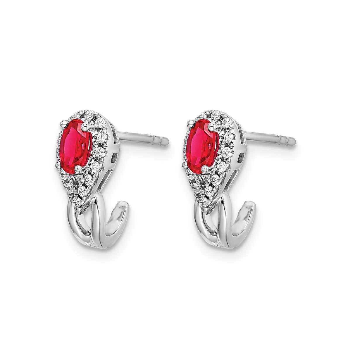 14k White Gold Stud Earrings with Ruby and Diamond Halo in Teardrop Design