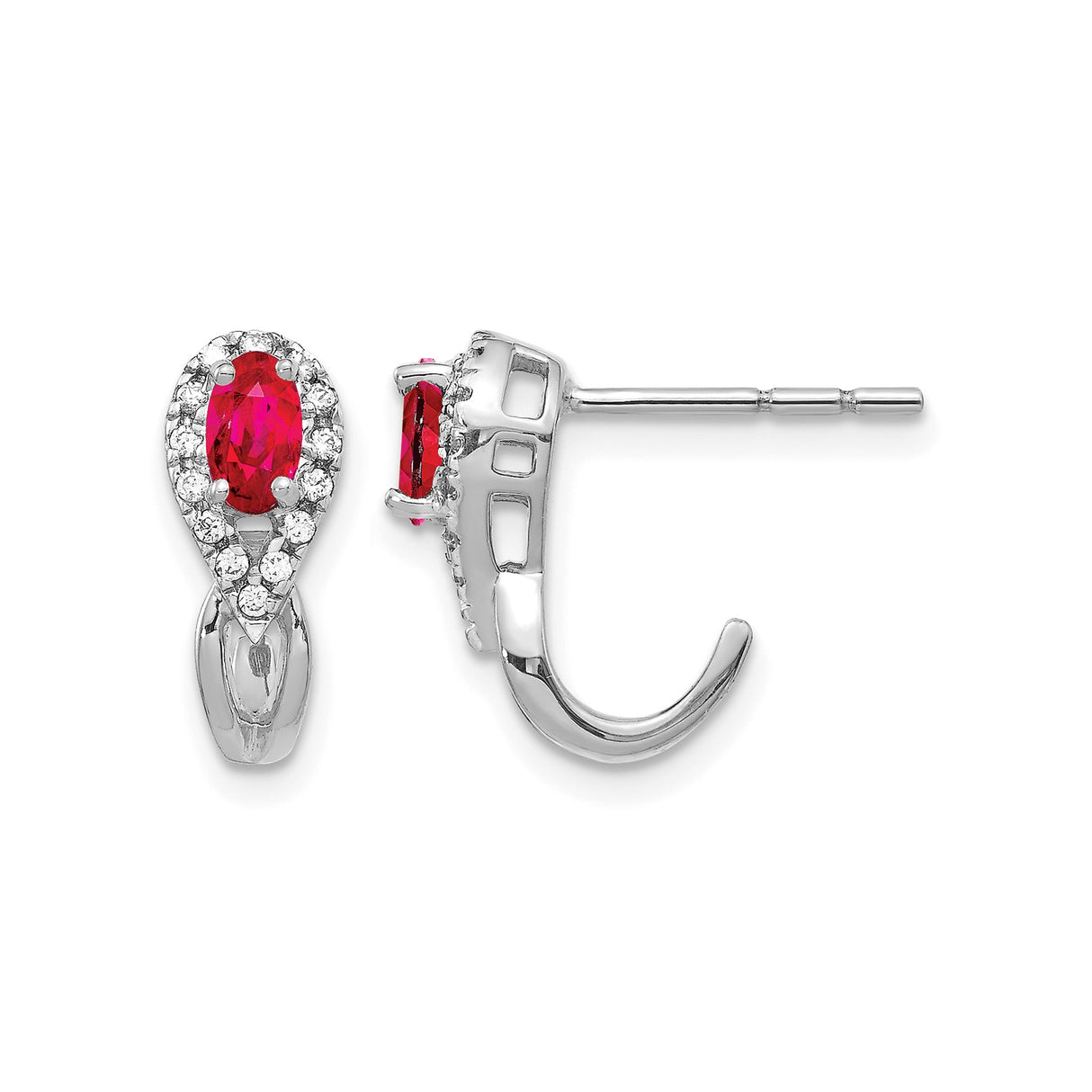 14k White Gold Stud Earrings with Ruby and Diamond Halo in Teardrop Design