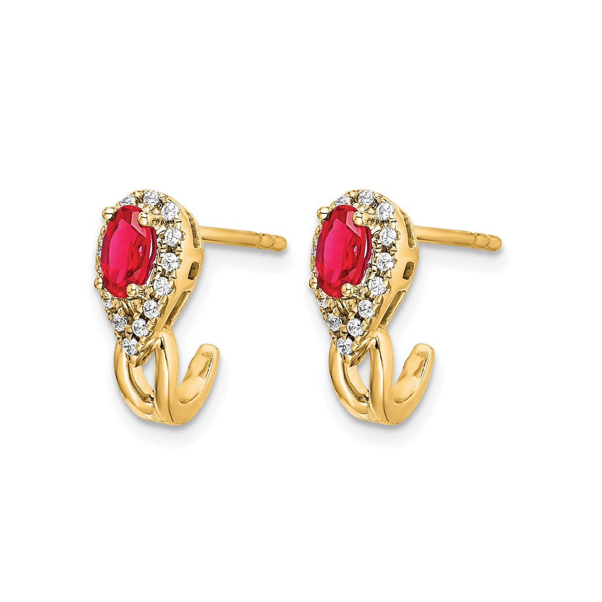 14k Yellow Gold Teardrop Ruby Earrings with Oval Center and Diamond Halo Accents