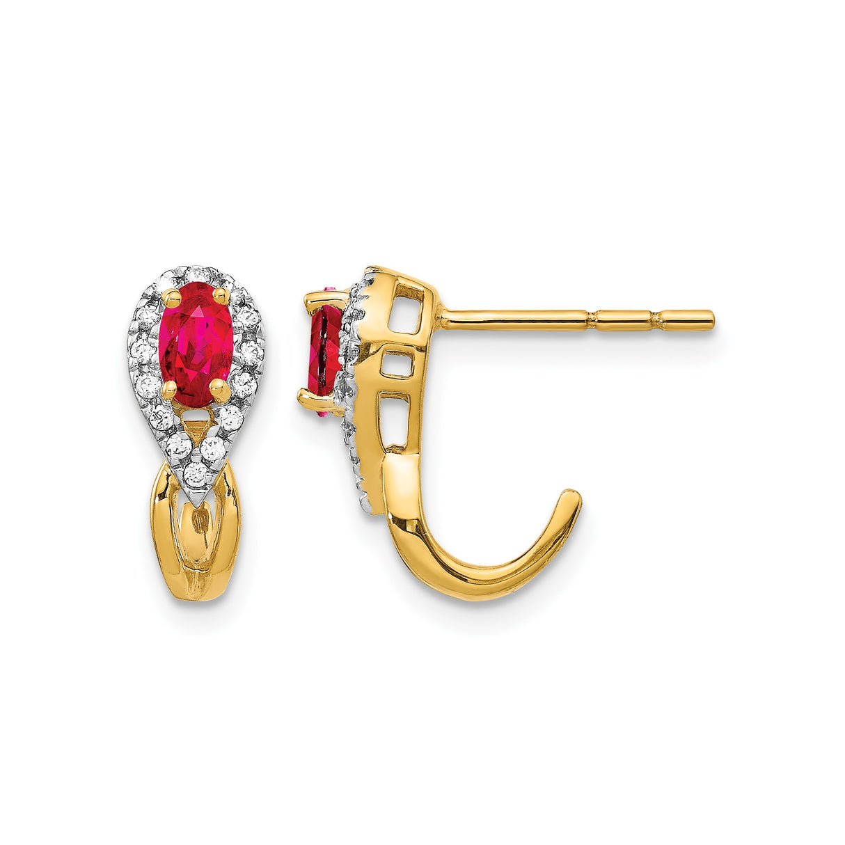 14k Yellow Gold Teardrop Ruby Earrings with Oval Center and Diamond Halo Accents