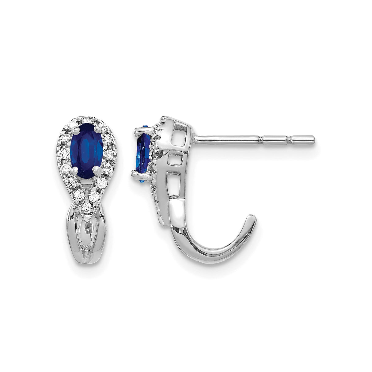 10k White Gold Teardrop Stud Earrings with Blue Sapphire and Diamond Halo