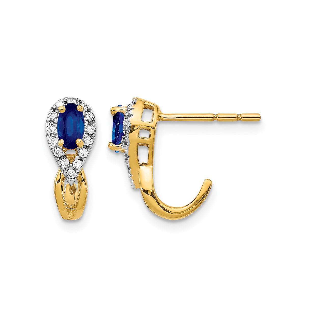 10k Yellow Gold Stud Earrings with Sapphire Center and Diamond Accents, Pear Shaped Classic Design