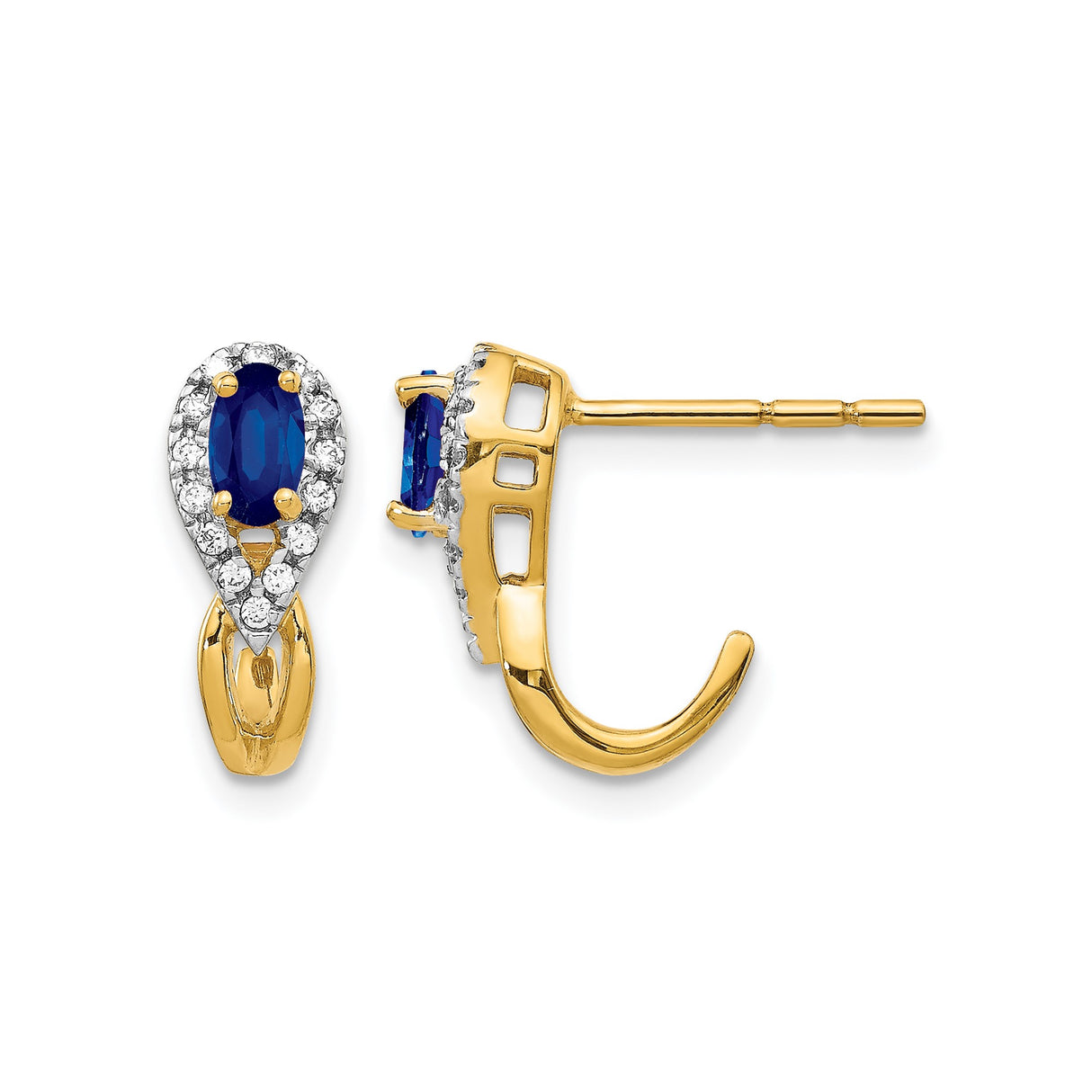 14k Yellow Gold Teardrop Dangle Earrings with Blue Sapphires and Diamond Halo Setting