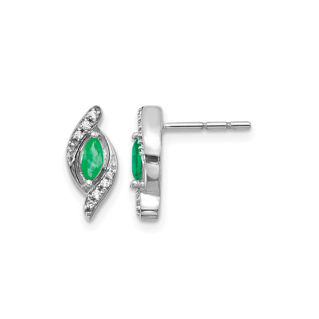 10k White Gold Stud Earrings with Marquise Cut Emerald and Diamond Accents, Wave Design