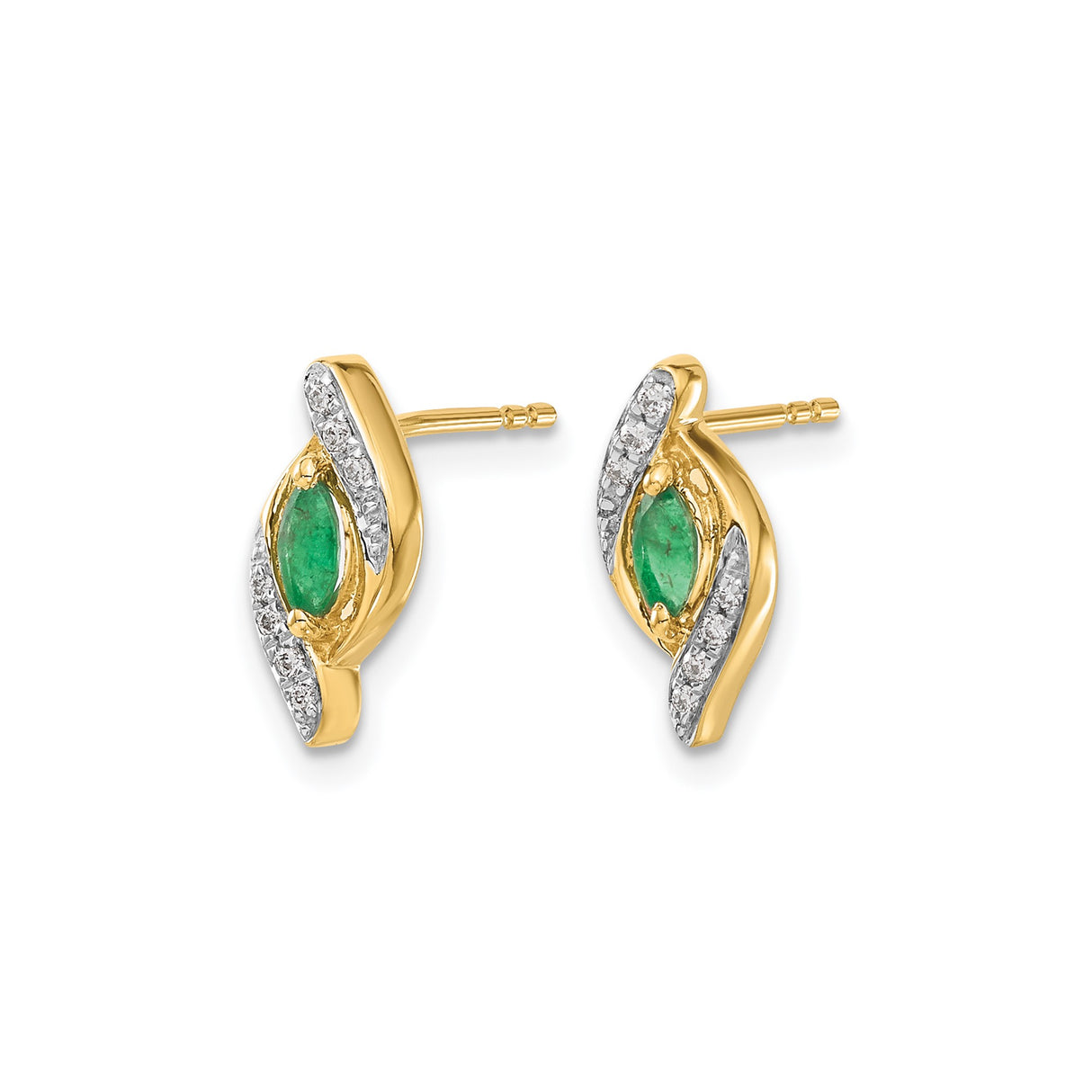 10k Yellow Gold Stud Earrings with Marquise Emerald, Diamond Accents, Leaf Design