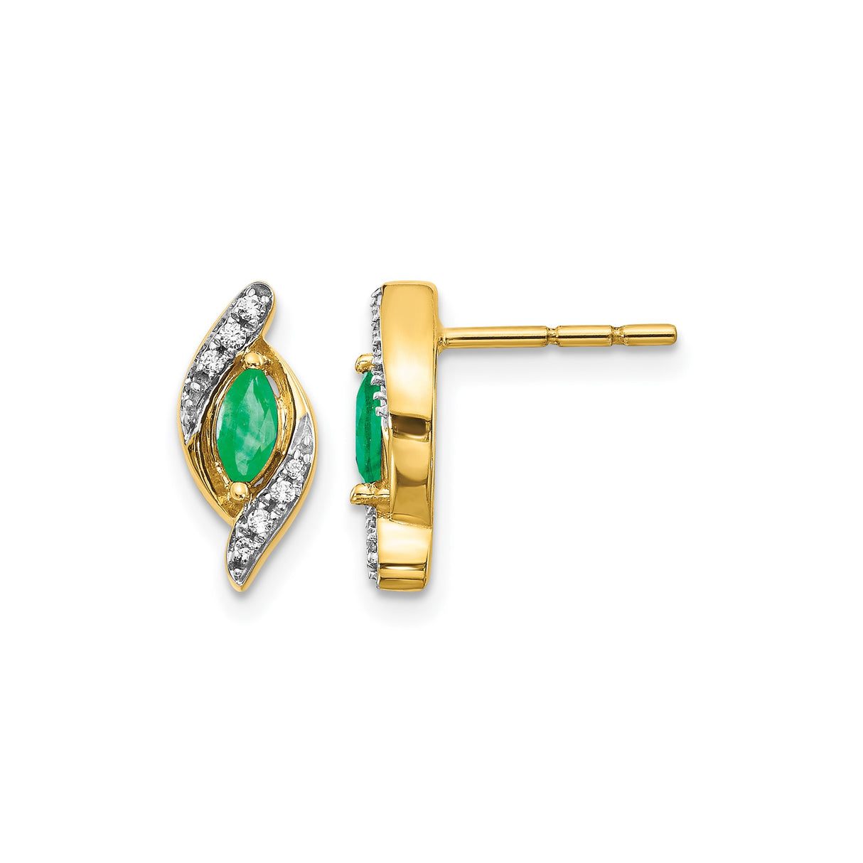 10k Yellow Gold Stud Earrings with Marquise Emerald, Diamond Accents, Leaf Design