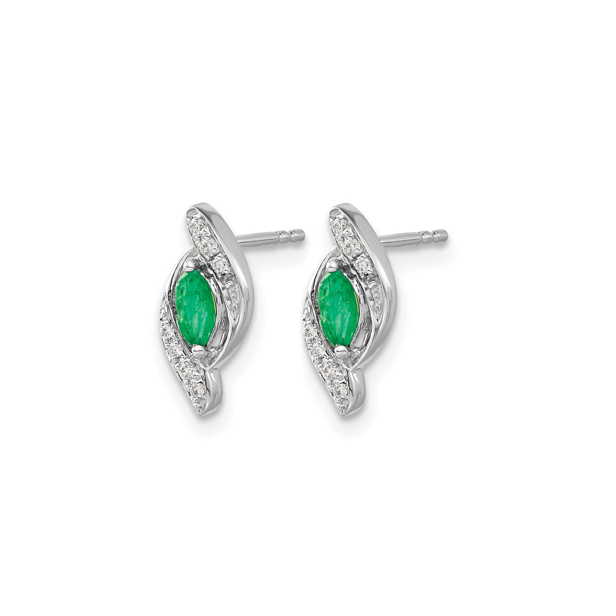 14k White Gold Stud Earrings with Marquise Cut Emerald and Diamond Accents, Modern Wave Design
