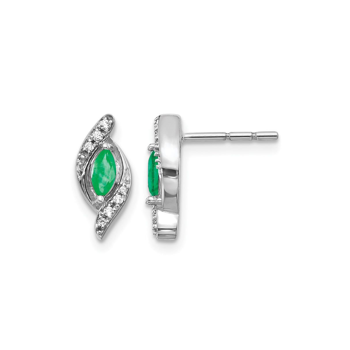 14k White Gold Stud Earrings with Marquise Cut Emerald and Diamond Accents, Modern Wave Design