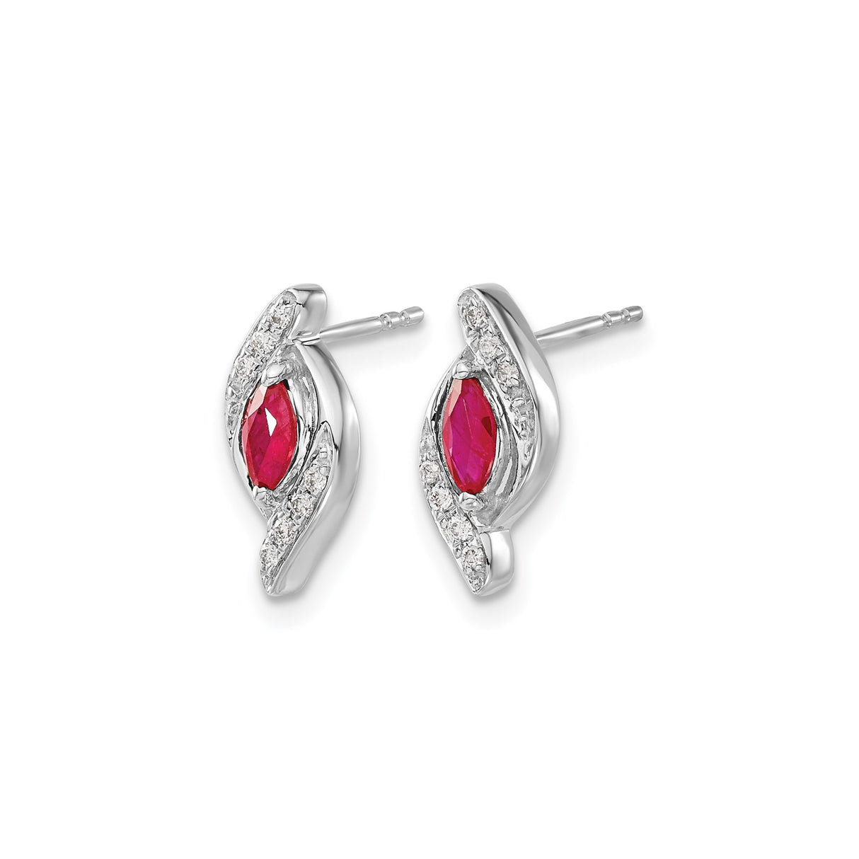10k White Gold Stud Earrings with Marquise Cut Ruby, Diamond Accents, Leaf Design