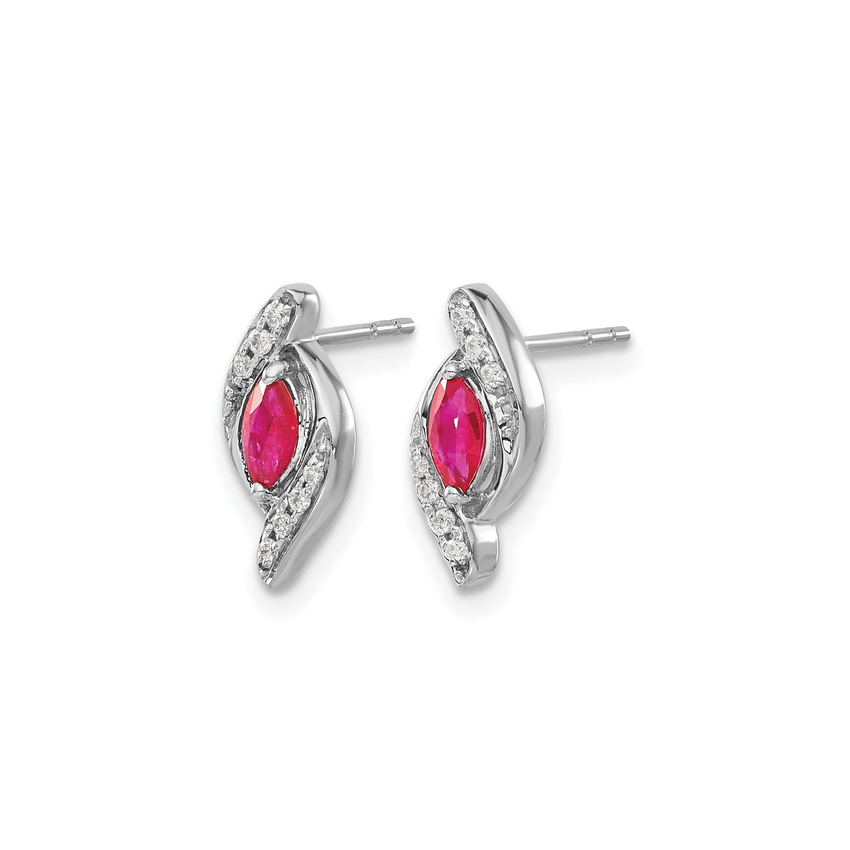 14k White Gold Ruby Stud Earrings with Diamond Accents, Modern Swirl Design