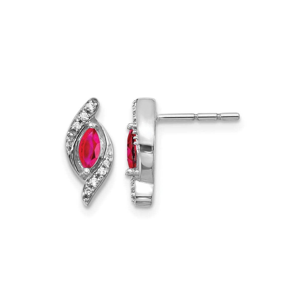 14k White Gold Ruby Stud Earrings with Diamond Accents, Modern Swirl Design