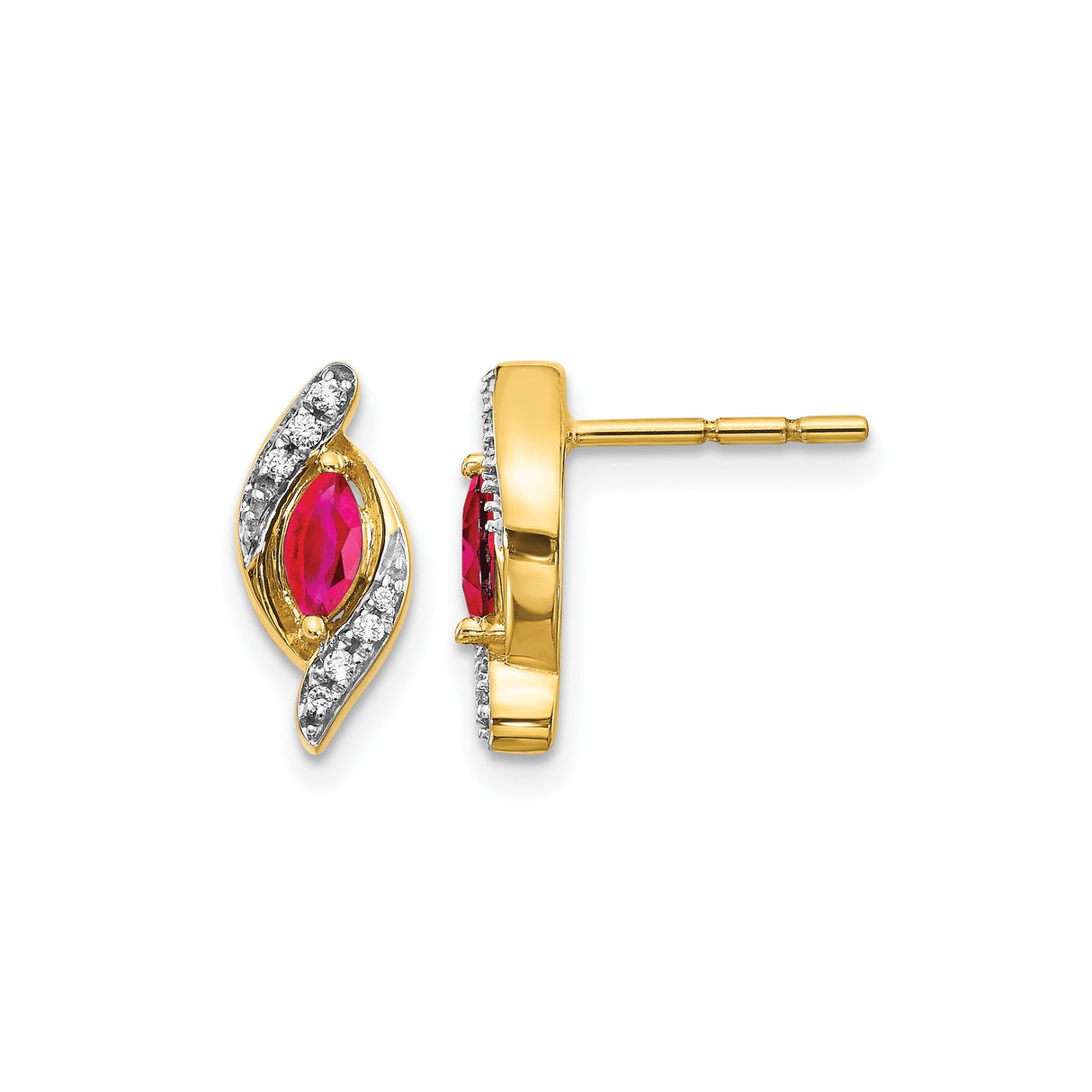14k Yellow Gold Ruby and Diamond Stud Earrings, Marquise Cut Swirl Design