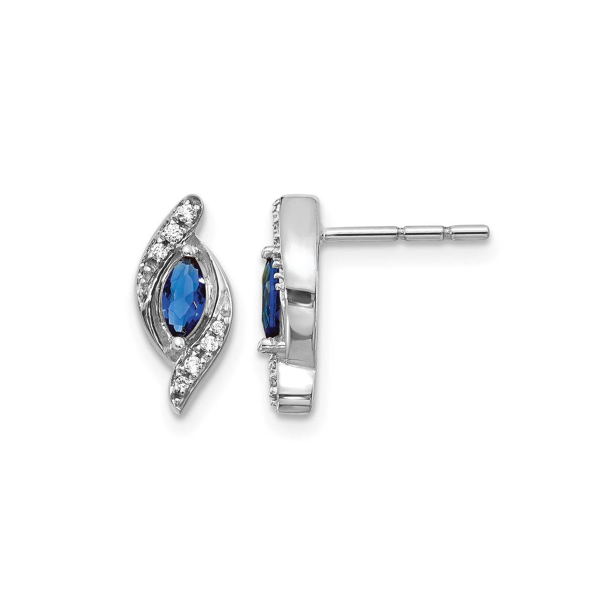 14k White Gold Stud Earrings with Marquise-Cut Sapphires and Pavé Diamonds