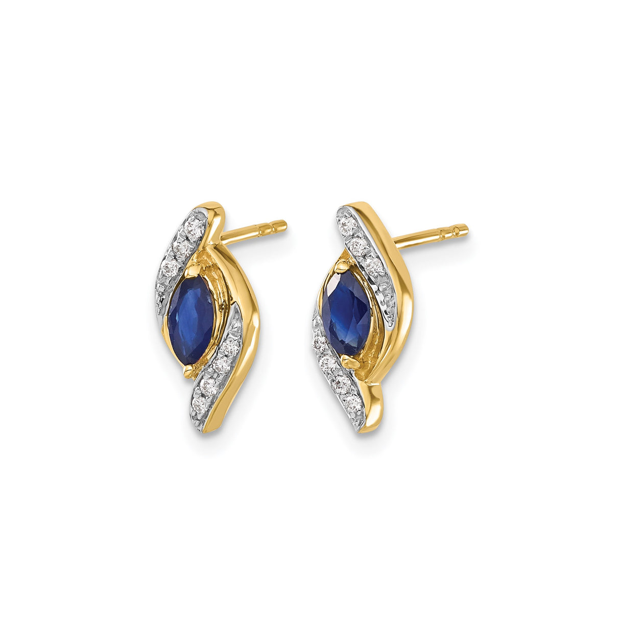 14k Yellow Gold Stud Earrings, Marquise Sapphire with Diamond Accent, Swirl Design
