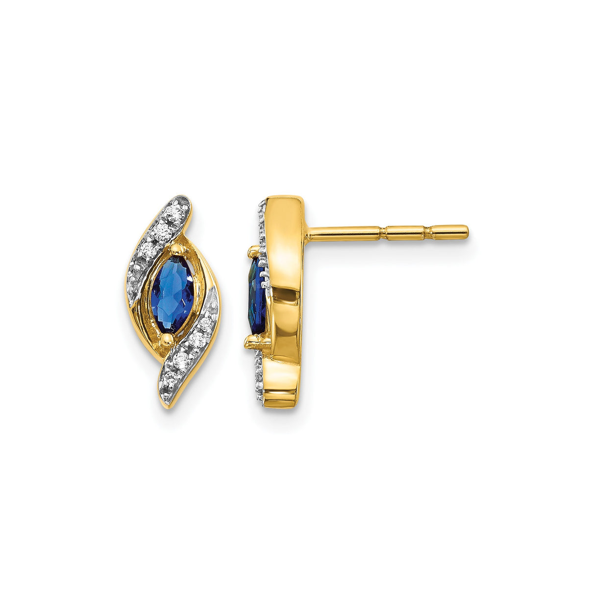 14k Yellow Gold Stud Earrings, Marquise Sapphire with Diamond Accent, Swirl Design