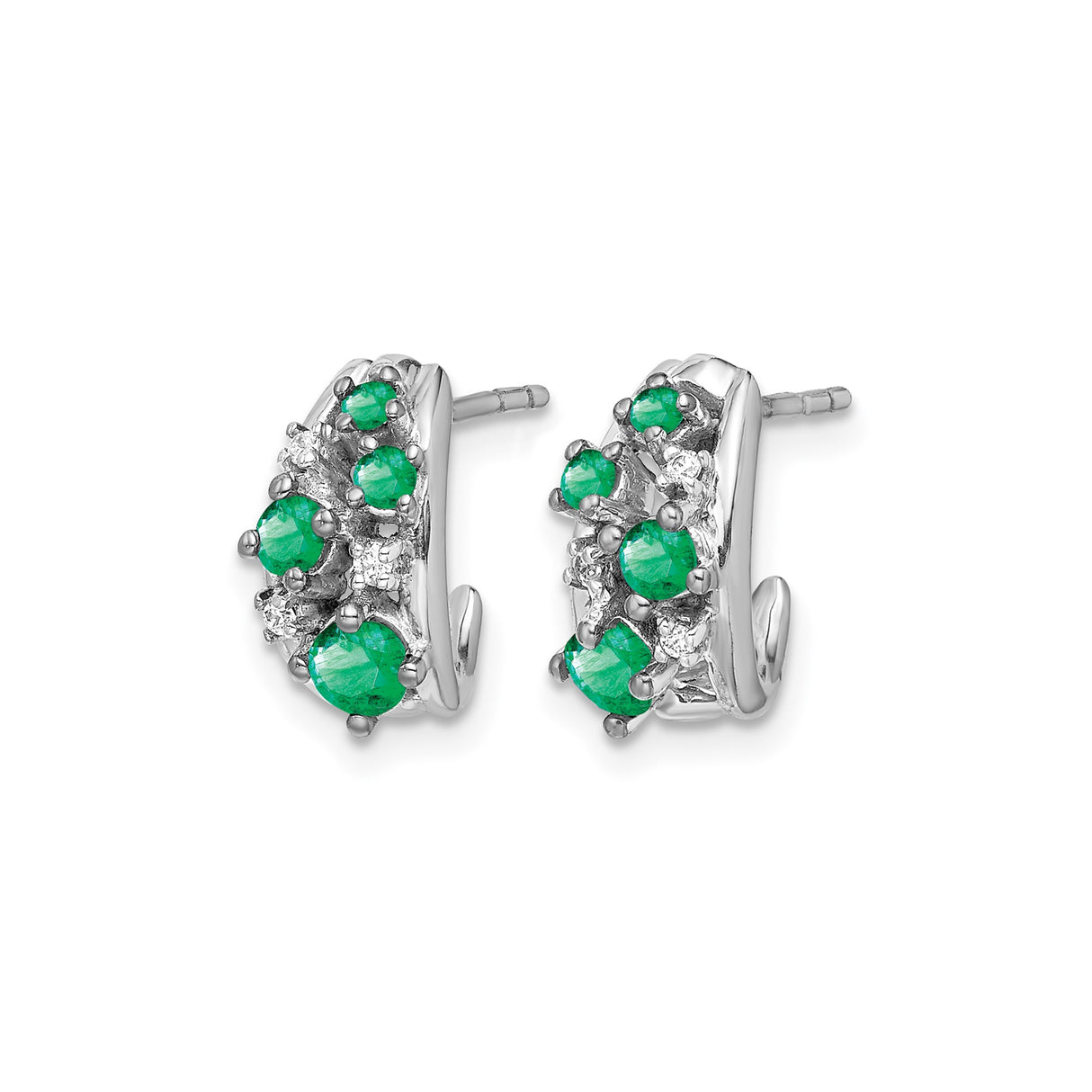 14k White Gold Huggie Hoop Earrings with Emerald and Diamond Accents, Floral Design