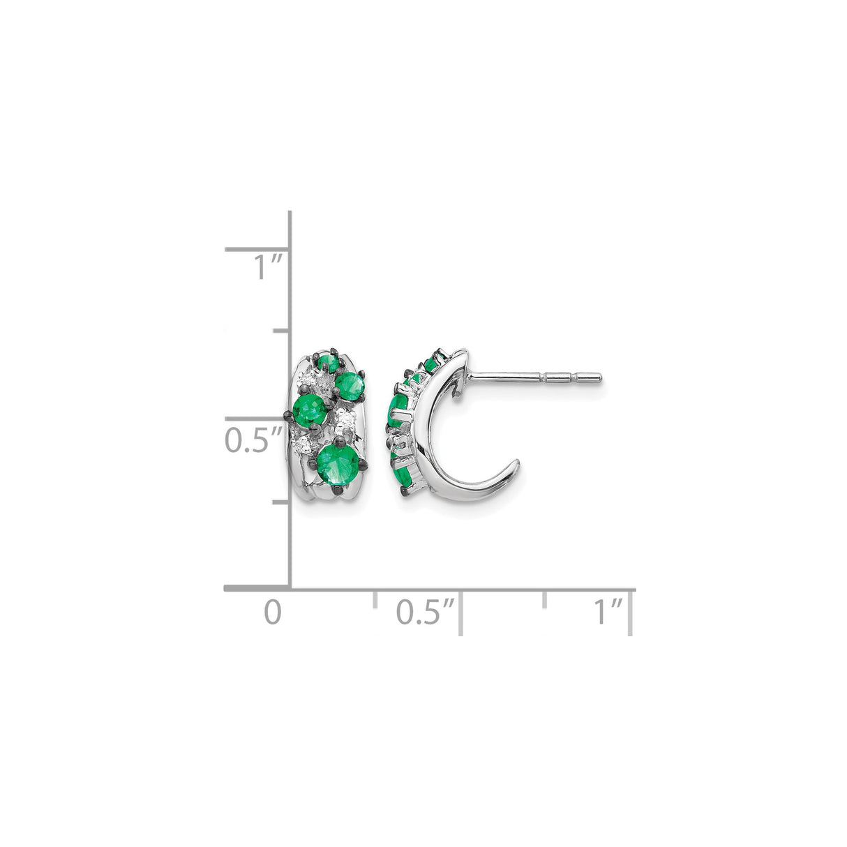 14k White Gold Huggie Hoop Earrings with Emerald and Diamond Accents, Floral Design