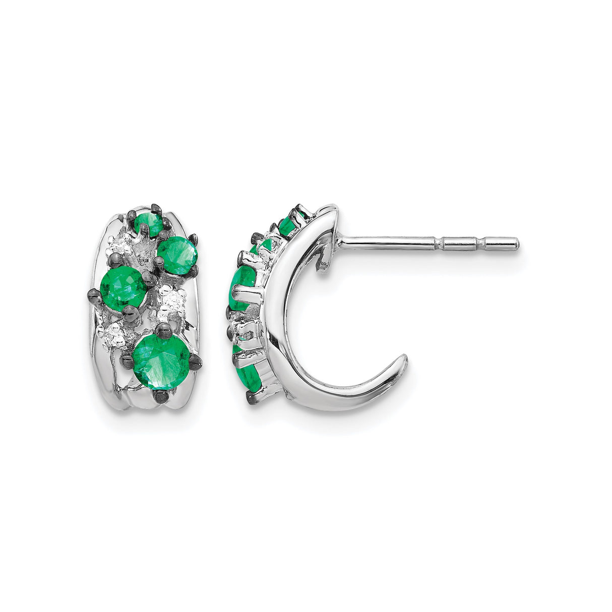 14k White Gold Huggie Hoop Earrings with Emerald and Diamond Accents, Floral Design