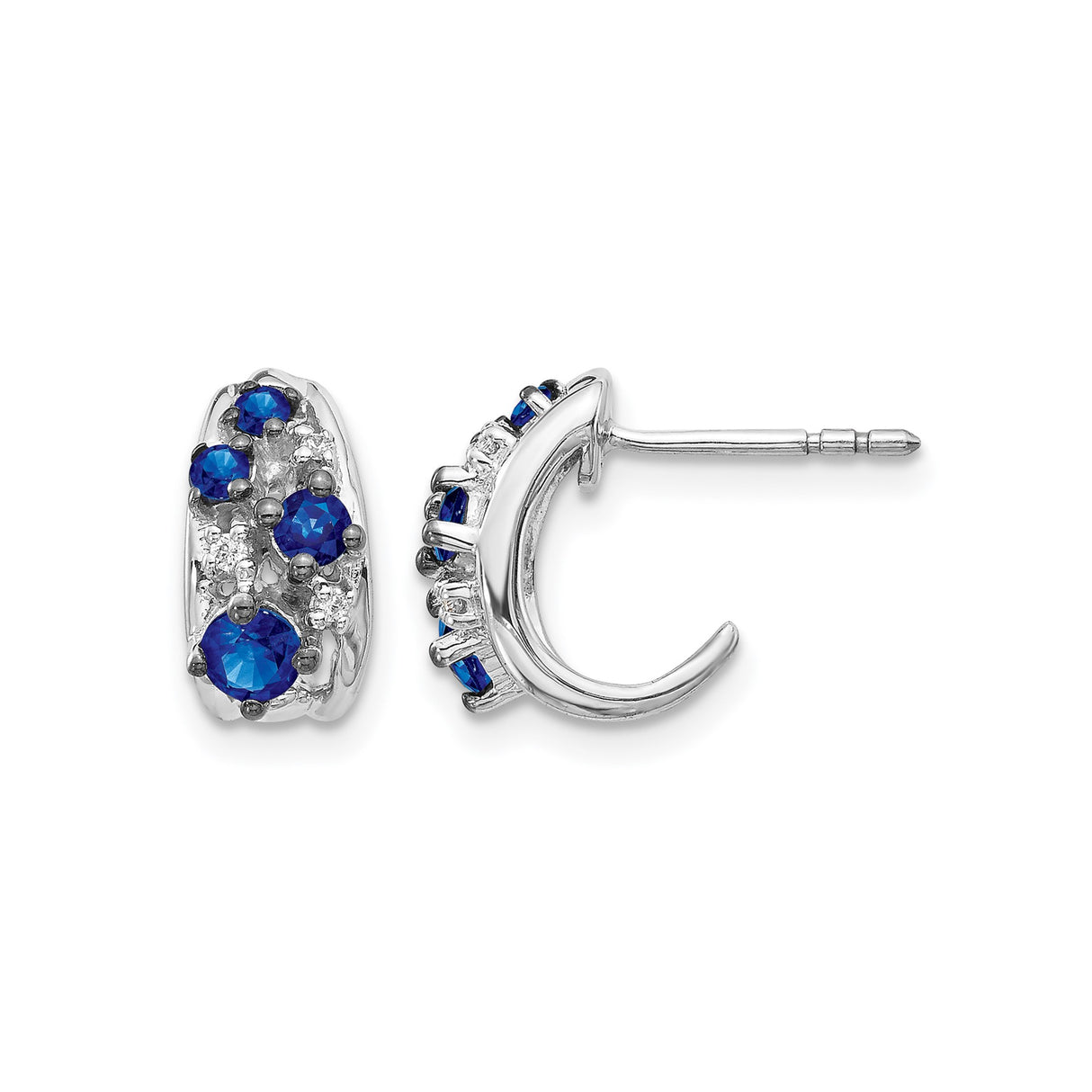 14k White Gold Huggie Hoop Earrings with Round Blue Sapphires, Cluster Design