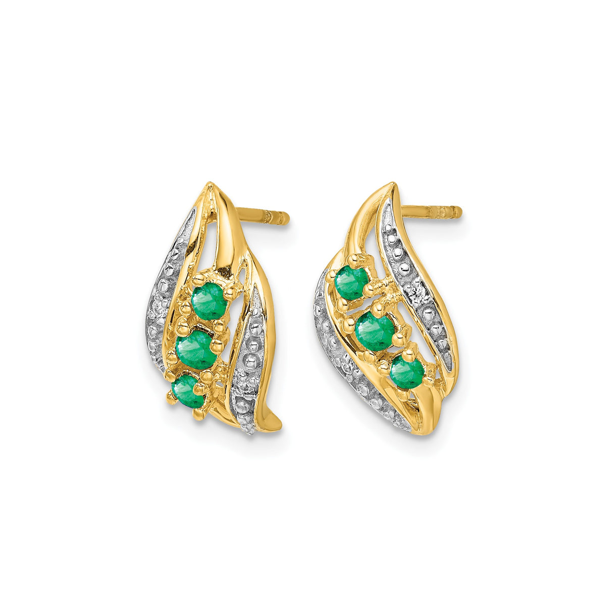 14k Yellow Gold Stud Earrings with Emeralds and Diamond Accents in Wave Design