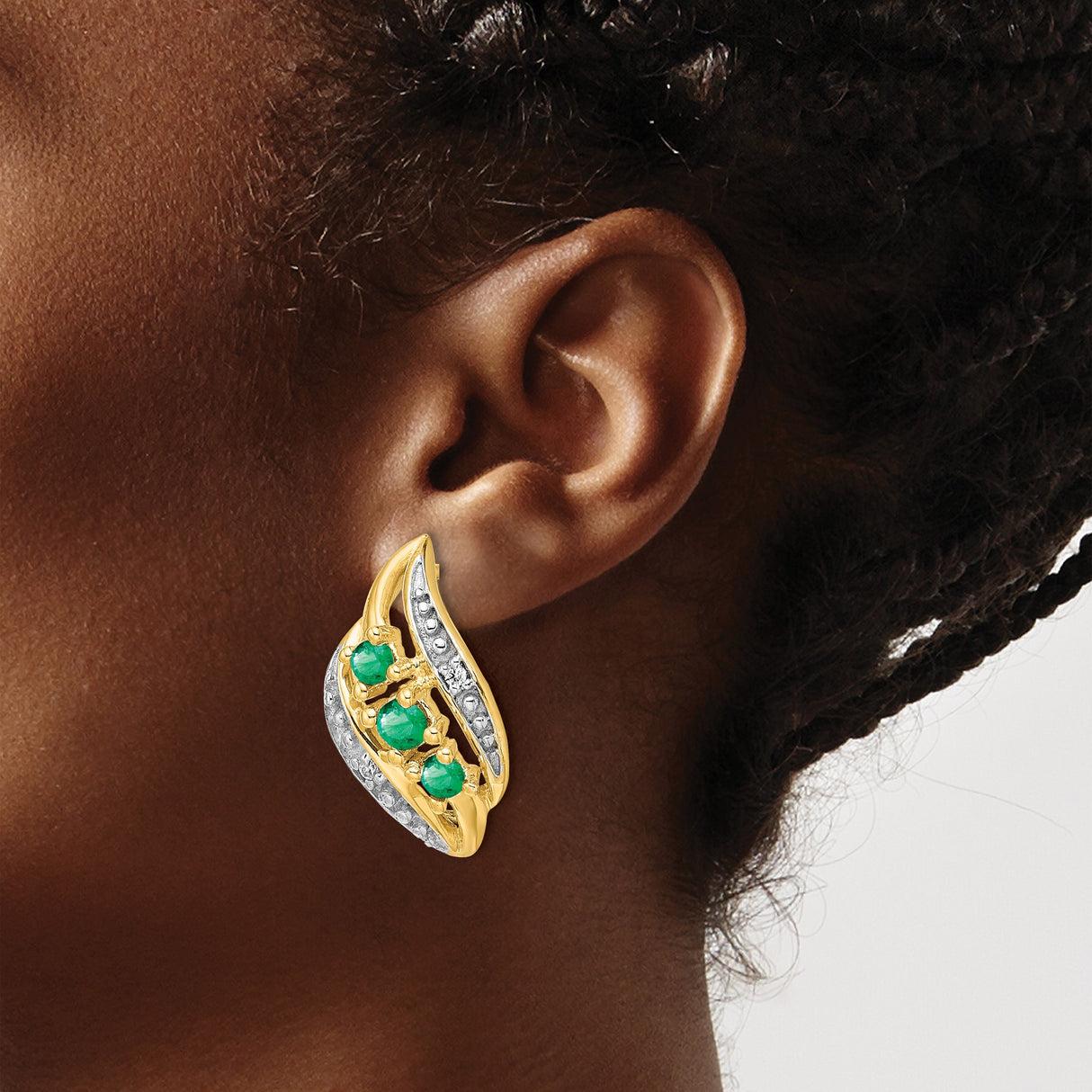 14k Yellow Gold Stud Earrings with Emeralds and Diamond Accents in Wave Design
